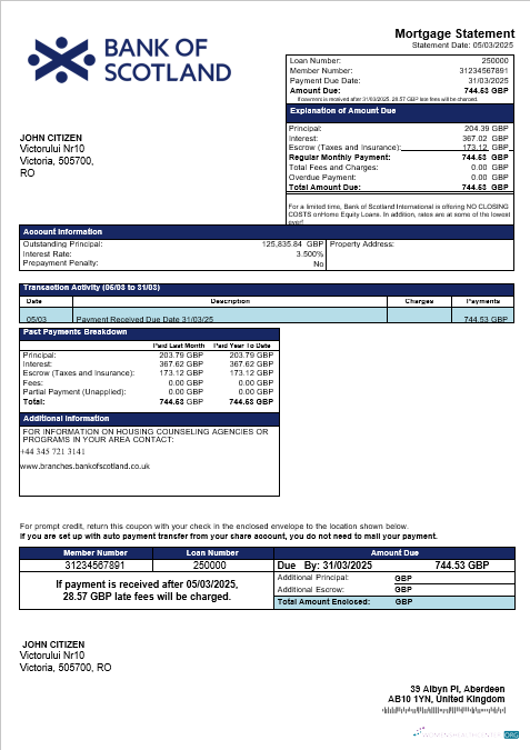 Download UK Bank of Scotland mortgage statement in Word and PDF formats Photoshop template